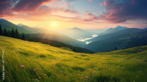 Mountain valley during sunrise natural summer fresh green spring meadows Landscape.