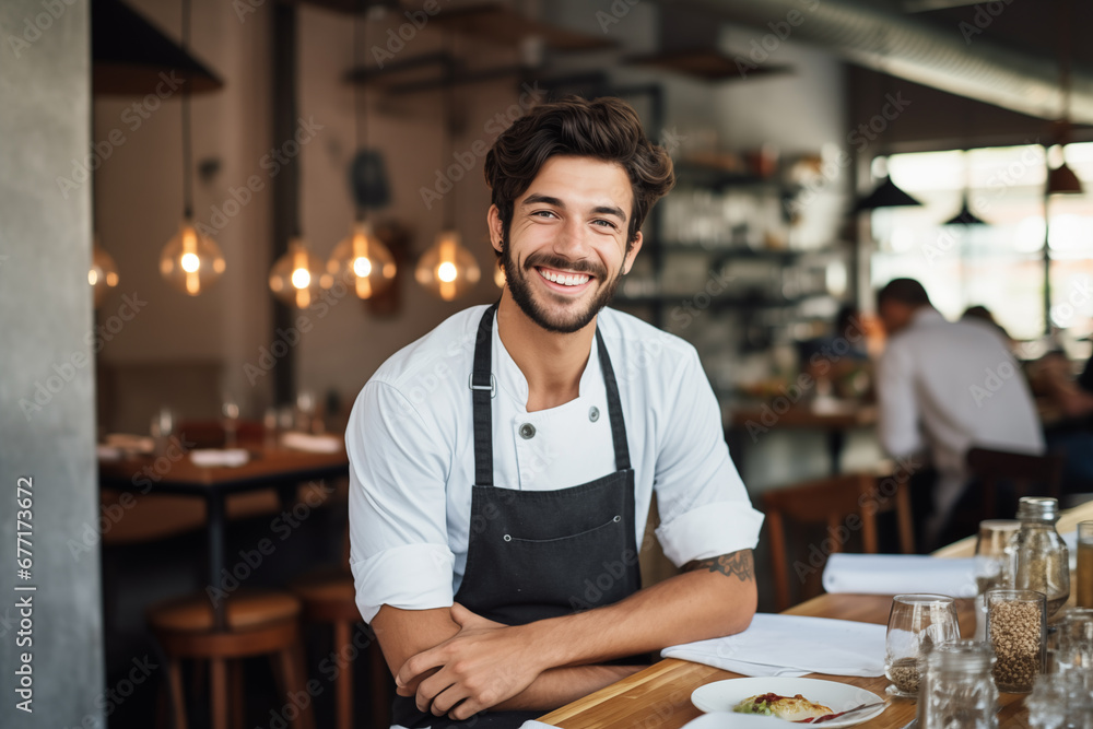 Happy young man chef in her restaurant with soft light and male owned business concept Happy young man chef in her restaurant with soft light and male owned business concept