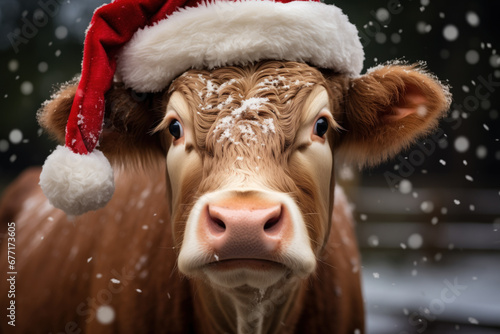 Closeup of highland cow outdoors in winter with snowfall, wearing Santa hat, defocused Christmas farm at background