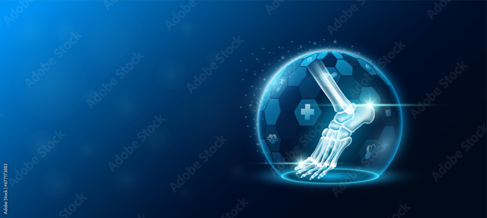 Ankle joint bone human organ inside transparent dome shield protection futuristic with medical icon. Technology innovation health care. Empty space for text. Medical science ads website. Vector. Ankle joint bone human organ inside transparent dome shield protection futuristic with medical icon. Technology innovation health care. Empty space for text. Medical science ads website. Vector.