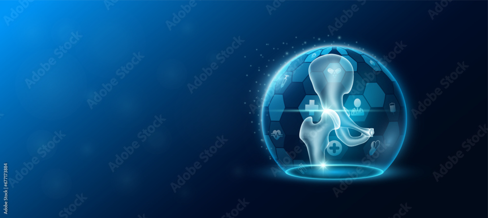 Hip joint bone human organ inside transparent dome shield protection futuristic with medical icon. Technology innovation health care. Empty space for text. Medical science ads website banner. Vector. Hip joint bone human organ inside transparent dome shield protection futuristic with medical icon. Technology innovation health care. Empty space for text. Medical science ads website banner. Vector.