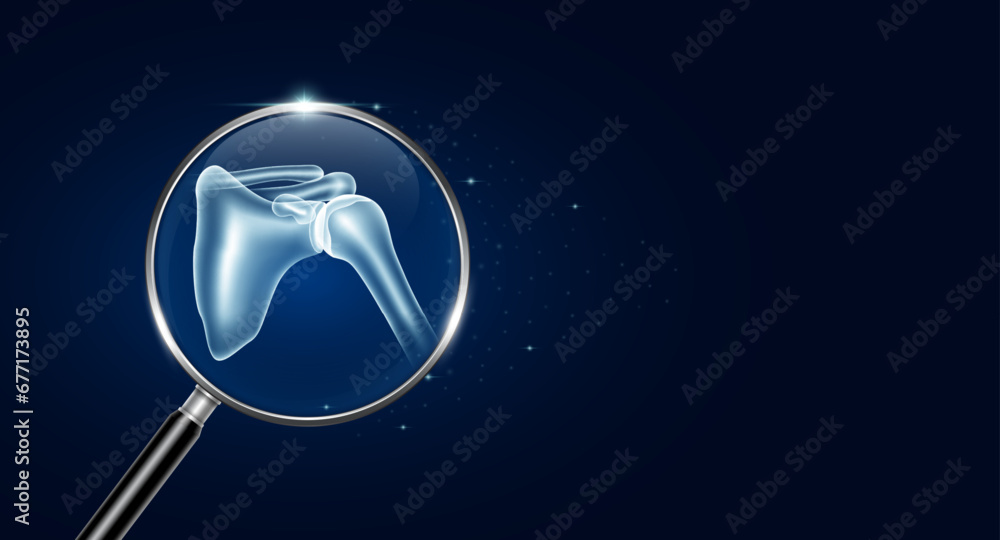 Shoulder bone in magnifying glass with scan search and blue glowing neon heart pulse. Health care and medical check up too innovative digital technology. Body health checkup examining organ. Vector.