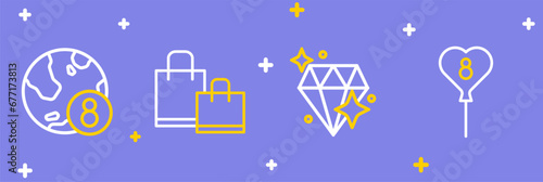 Set line Balloons with 8 March, Diamond, Paper shopping bag and International Women Day icon. Vector