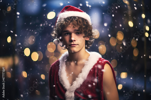 portrait of young man dressed as Santa in the snow