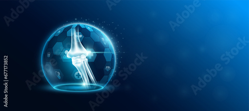 Elbow joint bone human organ inside transparent dome shield protection futuristic with medical icon. Technology innovation health care. Empty space for text. Medical science ads banner. Vector.