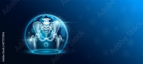 Pelvis joint bone human organ inside transparent dome shield protection futuristic with medical icon. Technology innovation health care. Empty space for text. Medical science ads website. Vector. photo