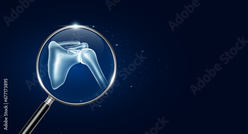 Shoulder bone in magnifying glass with scan search and blue glowing neon heart pulse. Health care and medical check up too innovative digital technology. Body health checkup examining organ. Vector.