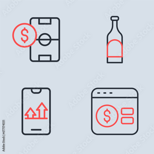 Set line Bottle of wine, Online sports betting, poker table game and Football money icon. Vector