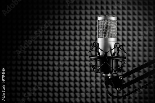 Professional condenser microphone on the black noise cancelling wall. Recording studio.