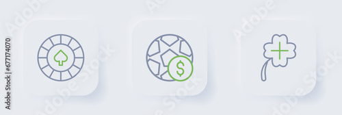 Set line Casino slot machine with clover, Football betting money and chips icon. Vector