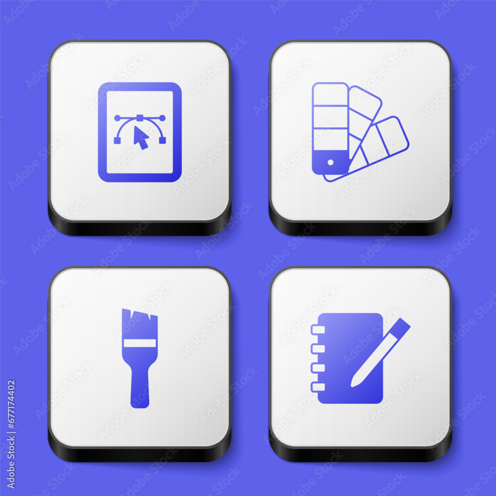 Set Computer with design program, Color palette guide, Paint brush and Notebook icon. White square button. Vector Set Computer with design program, Color palette guide, Paint brush and Notebook icon. White square button. Vector