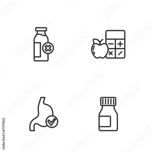 Set line Vitamins, Human stomach health, Lactose intolerance and Calorie calculator icon. Vector