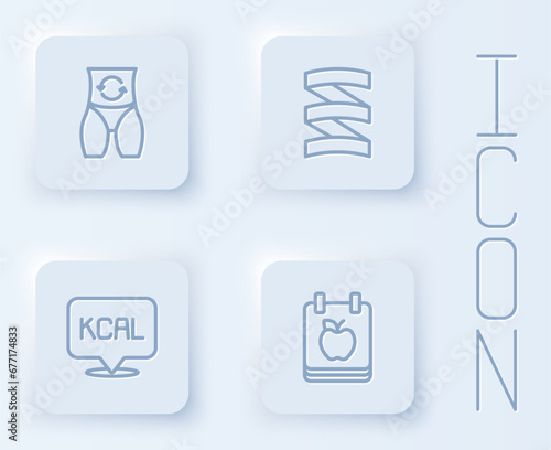 Set line Metabolism, Sports nutrition proteine, Kcal and Diet plan. White square button. Vector