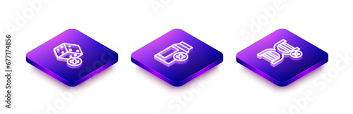 Set Isometric line No sugar free, Lactose intolerance and GMO icon. Vector