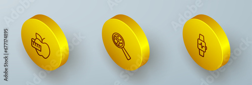 Set Isometric line Apple and measuring tape, GMO and Smart watch with heart icon. Vector