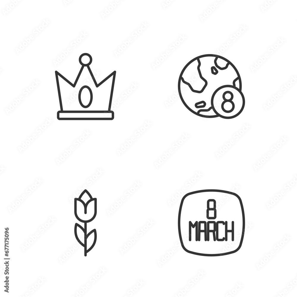 Set line 8 March, Flower tulip, King crown and International Women Day icon. Vector Set line 8 March, Flower tulip, King crown and International Women Day icon. Vector
