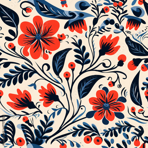 Folk art-inspired floral design on cream background. Seamless pattern. Vibrant red and blue flowers with green leaves. Suitable for textile  stationery  or print