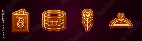 Set line Greeting card with 8 March, Gift box and heart, Flower and Hanger wardrobe. Glowing neon icon. Vector
