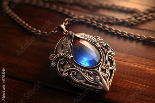 Fantasy elven silver necklace pendant with dark blue sapphire cabochon gem, precious and sacred heirloom elfish jewelry.