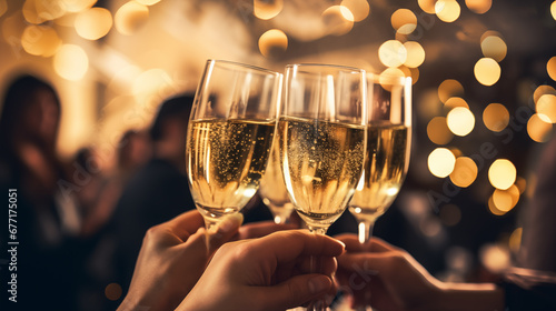 Happy new years 2024 eve night party. People holding drinking glasses of champagne making a toast. light blurred background