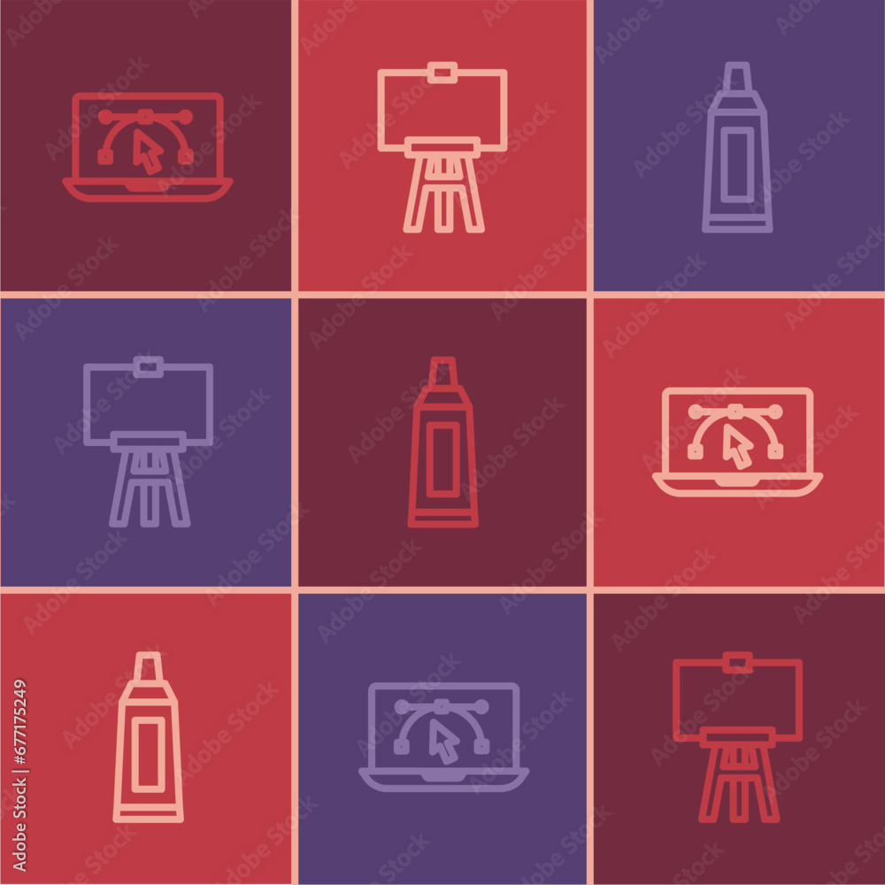 Set line Computer with design program, Tube paint palette and Wood easel icon. Vector Set line Computer with design program, Tube paint palette and Wood easel icon. Vector