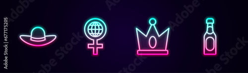 Set line Elegant women hat, International Women Day, King crown and Champagne bottle. Glowing neon icon. Vector