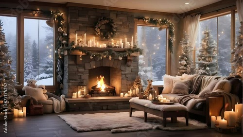 Fireplace with Christmas decorations, seamless looping time-lapse virtual video Animation Background.