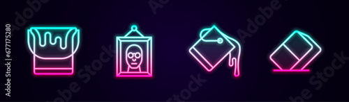 Set line Paint bucket, Picture, and Eraser or rubber. Glowing neon icon. Vector
