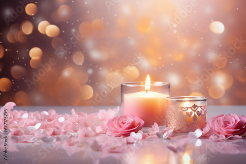 Romantic background in pink tones with rose petals and burning candles, Valentine's day backdrop, horizontal luxury glamour wedding card, bokeh effect