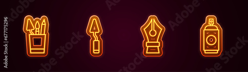 Set line Pencil case stationery, Palette knife, Fountain pen nib and Paint spray can. Glowing neon icon. Vector