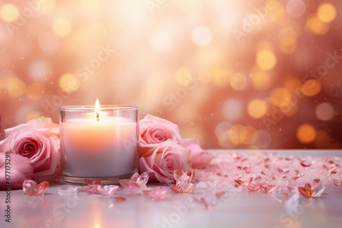 Romantic background in pink tones with roses and burning candle  Valentine s day backdrop  horizontal luxury glamour wedding card  bokeh effect