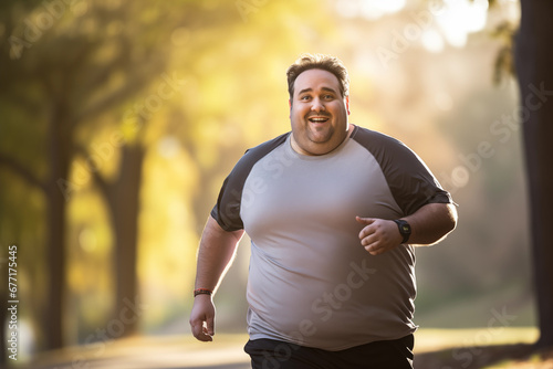 Overweight or fat belly man smiling running with jogging park and outside morning sunset nature