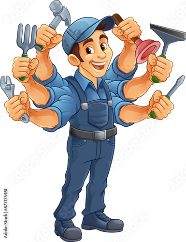 A handyman cartoon handy man caretaker construction worker or maintenance man multitasking caretaker concept.