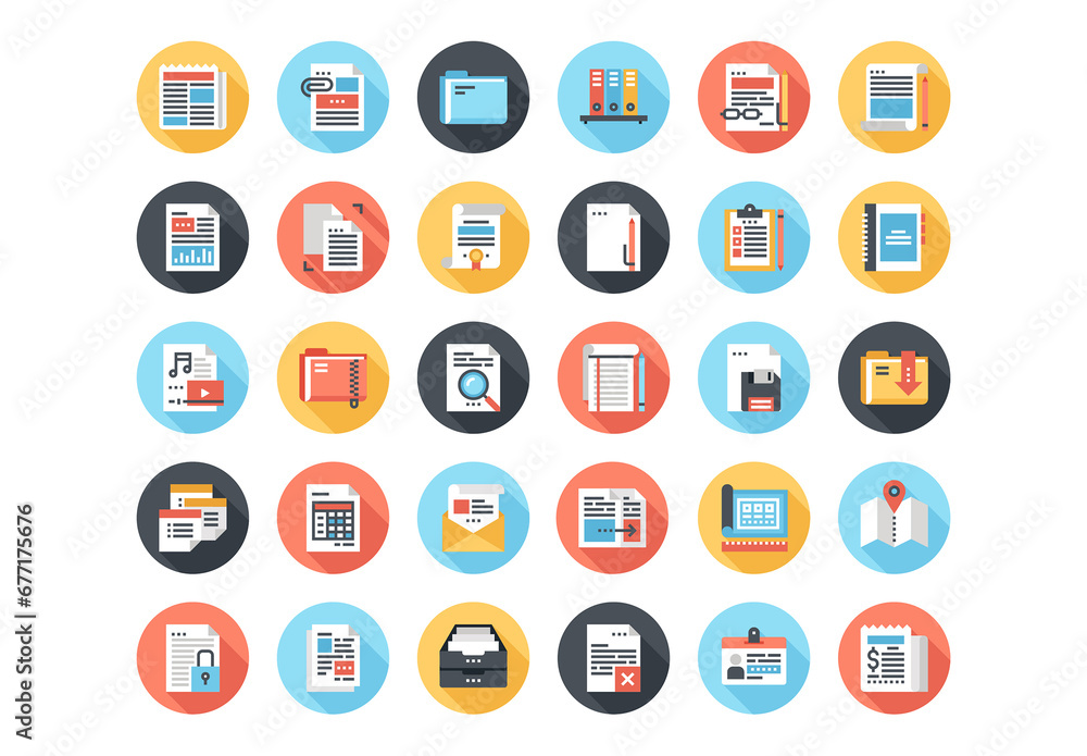 Abstract vector set of colorful flat files and documents icons with ...