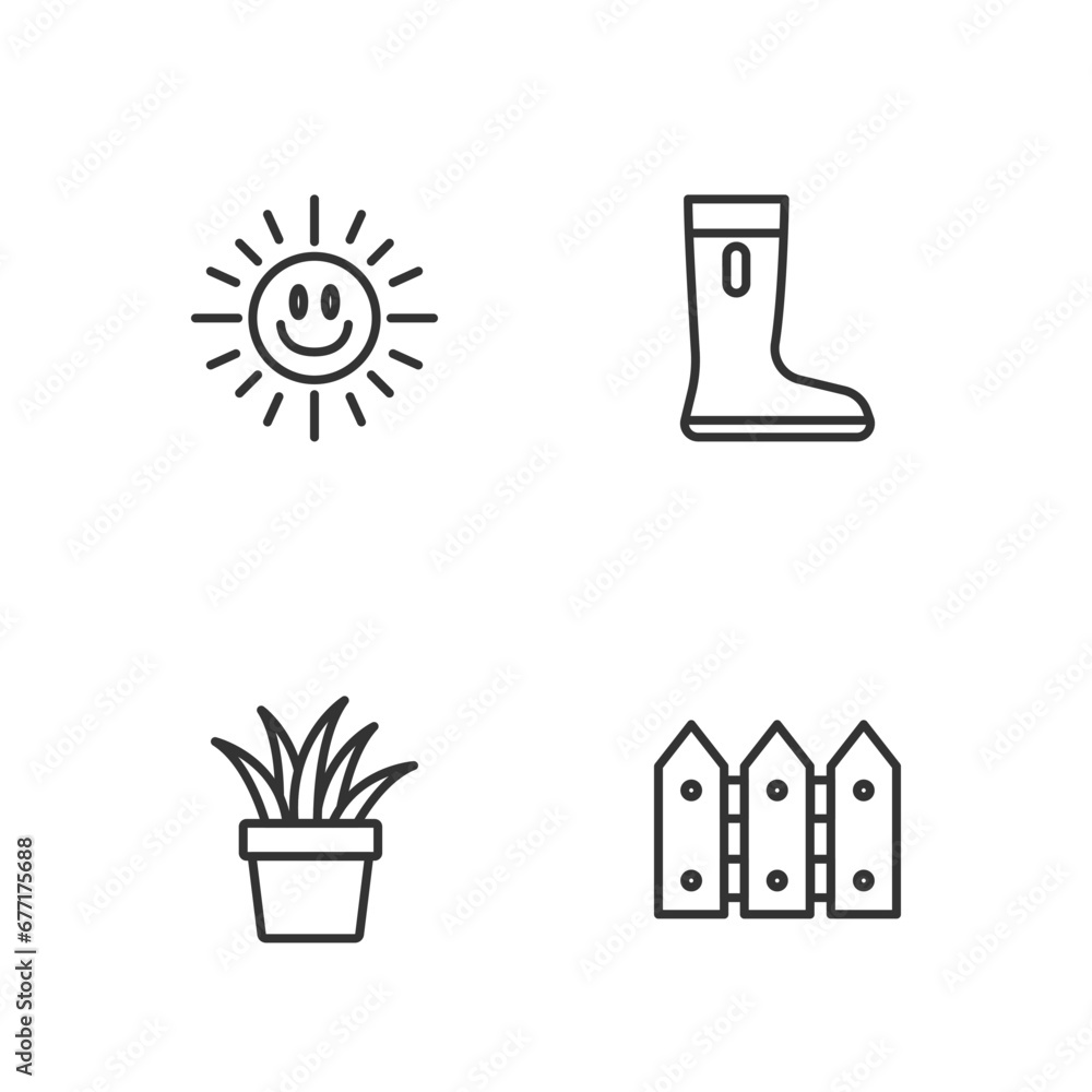 Set line Garden fence wooden, Plant in pot, Sun and Waterproof rubber boot icon. Vector Set line Garden fence wooden, Plant in pot, Sun and Waterproof rubber boot icon. Vector