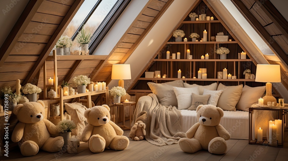 Cozy attic playroom filled with toys, plush animals, and warm lighting under a roof window with a starry night sky view. - obrazy, fototapety, plakaty 