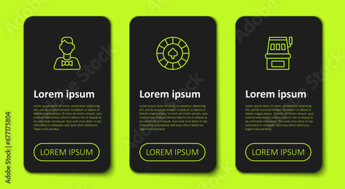 Set line Casino dealer, chips and Slot machine. Business infographic template. Vector