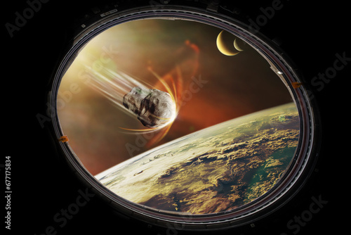 Planet Earth and big asteroid in spaceship porthole in outer space. Meteorite in outer space near Earth planet. Elements of this image furnished by NASA.