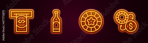 Set line Automated teller machine and money, Bottle of wine, Casino chips and exchange. Glowing neon icon. Vector