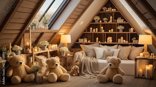 Cozy attic playroom filled with toys, plush animals, and warm lighting under a roof window with a starry night sky view. photo