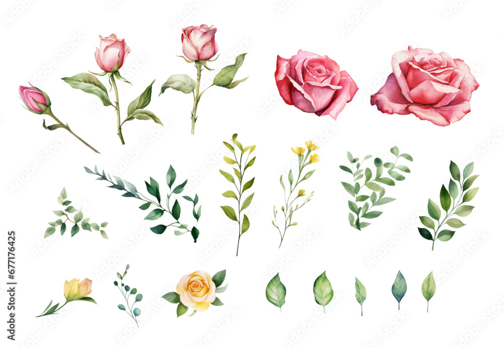 Watercolor floral vector illustration. Pink flowers and leaves, grass blades, green foliage. Pink roses, yellow roses, soft borders, garlands, frames. Wedding decoration pattern, fashion, background