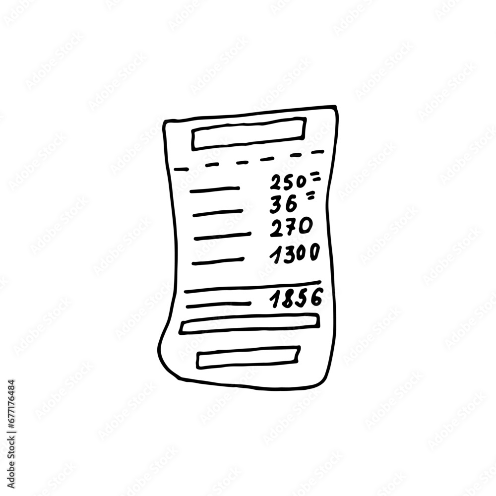 Receipt, document confirming the purchase of goods and cash payment. Doodle. Vector illustration. Hand drawn. Outline. Receipt, document confirming the purchase of goods and cash payment. Doodle. Vector illustration. Hand drawn. Outline.