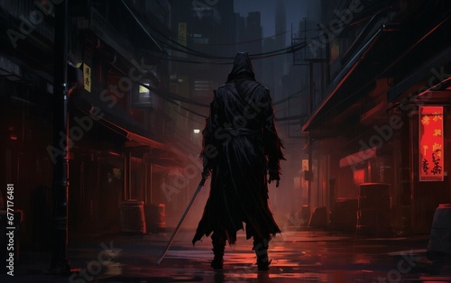 Standing Samurai Cloaked in Darkness