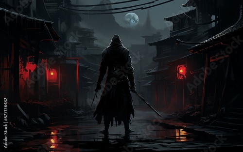 Cloaked Samurai in City Darkness photo