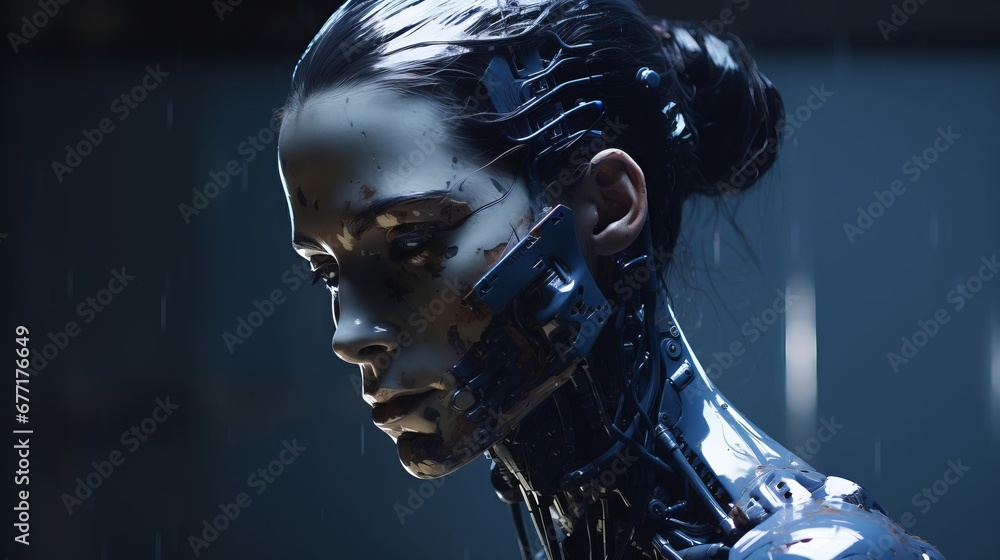 Portrait of sad woman-robot with rusty face, against the backdrop of rain Portrait of sad woman-robot with rusty face, against the backdrop of rain