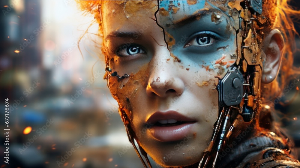Battle-Worn Woman-Robot. Close-up of a Resilient and Determined Militant, with Rusty Facial Features
