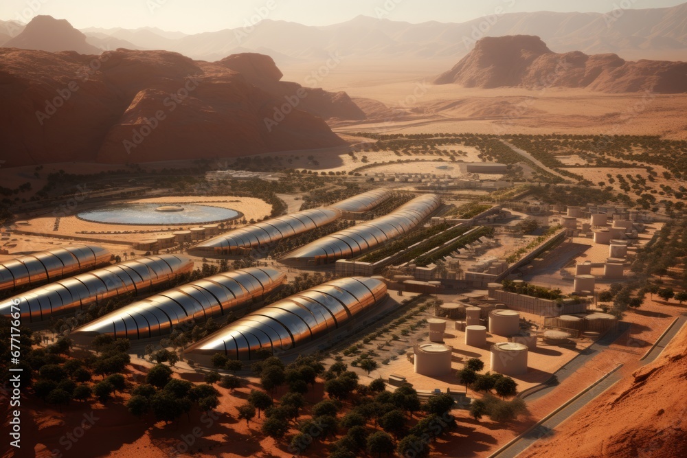 Unusual solar power plant producing clean energy located in the desert. Future technology