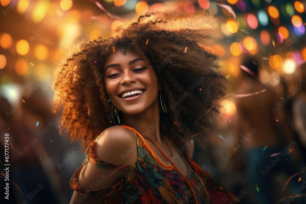 Obraz na płótnie Rhythmic Bliss: Capturing the Essence of Joy in a Psy Trance Open-Air Concert with a Beautiful African American Woman w salonie