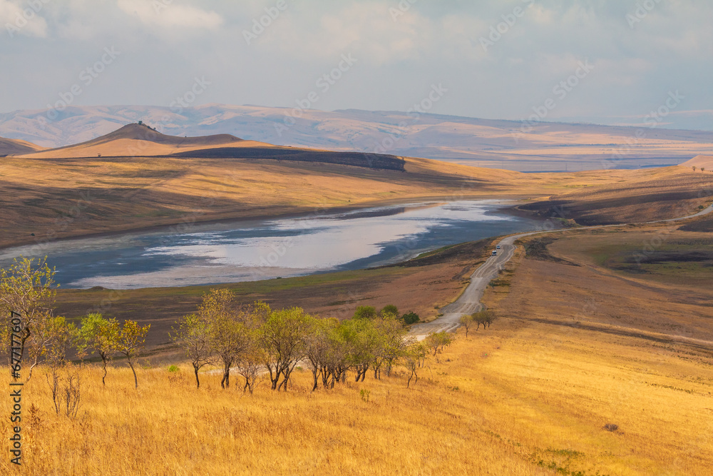 Landscape of the Georgian steppe Udabno in Georgia.