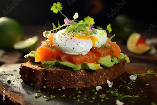 close up toast with poached egg, avocado and salmon. breakfast